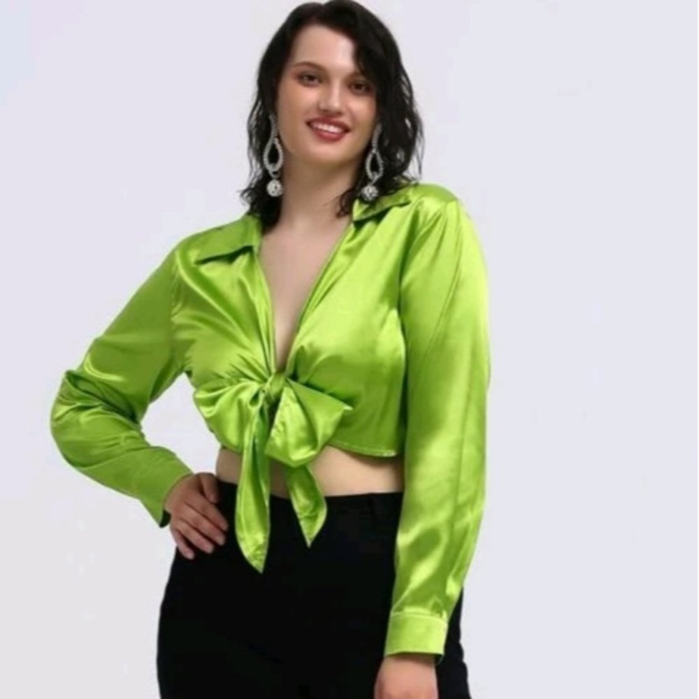SHEIN 2XL Lime Green Long Sleeve Tie Front Top